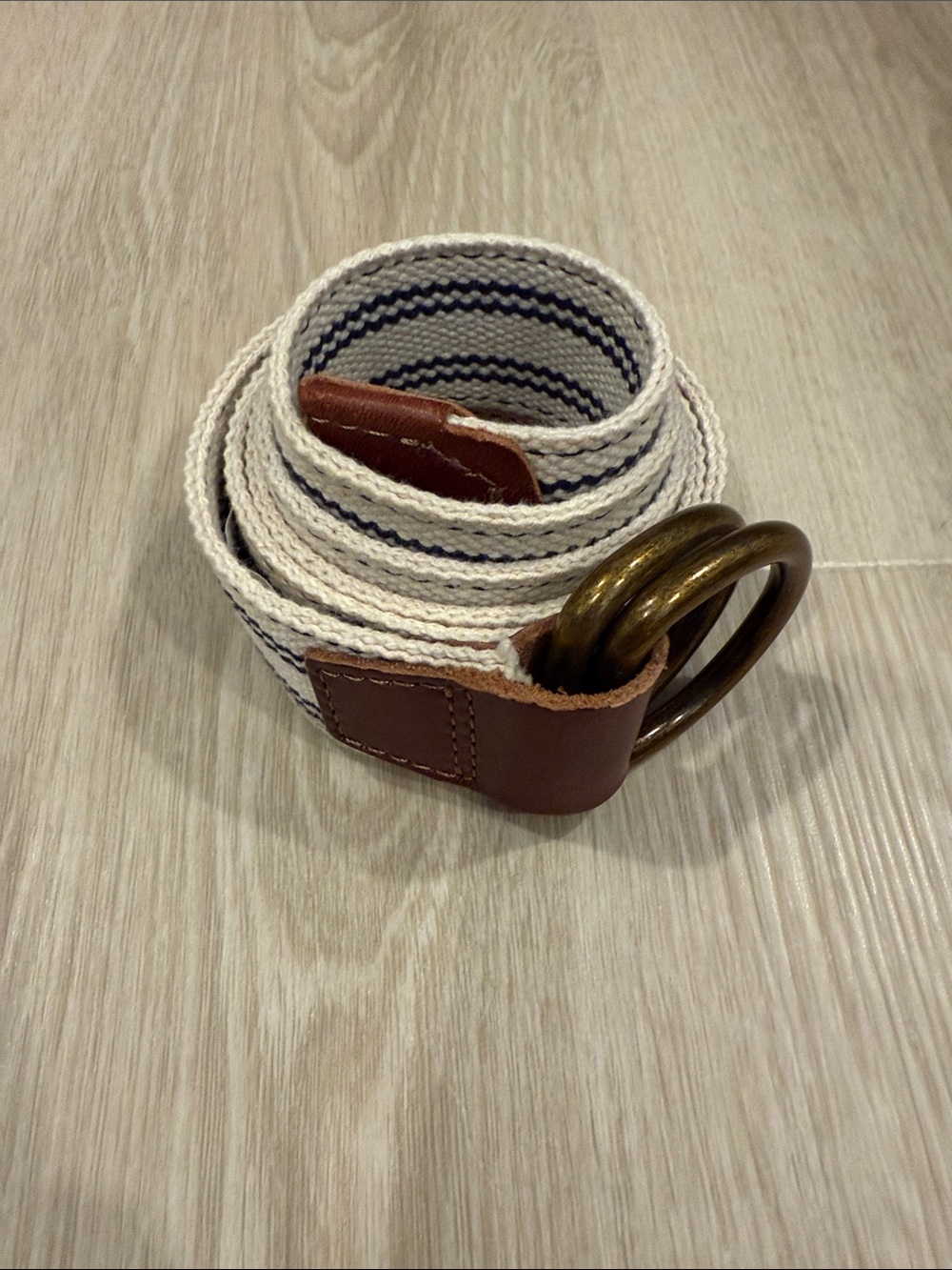 J. Crew Cream Canvas Belt with Navy Stripes and Brown Leather Trim